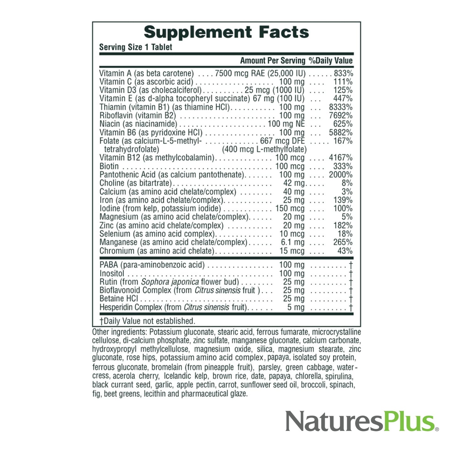 Información nutricional del multivitamínico NaturesPlus Ultra II