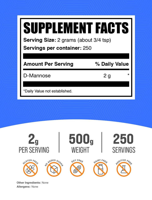Información nutricional de polvo de D-Manosa BulkSupplements.