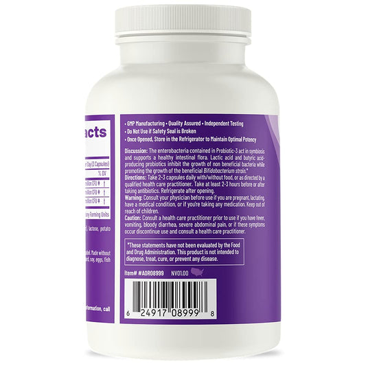 Información nutricional de Probiotic 3 y modo de uso para salud intestinal.
