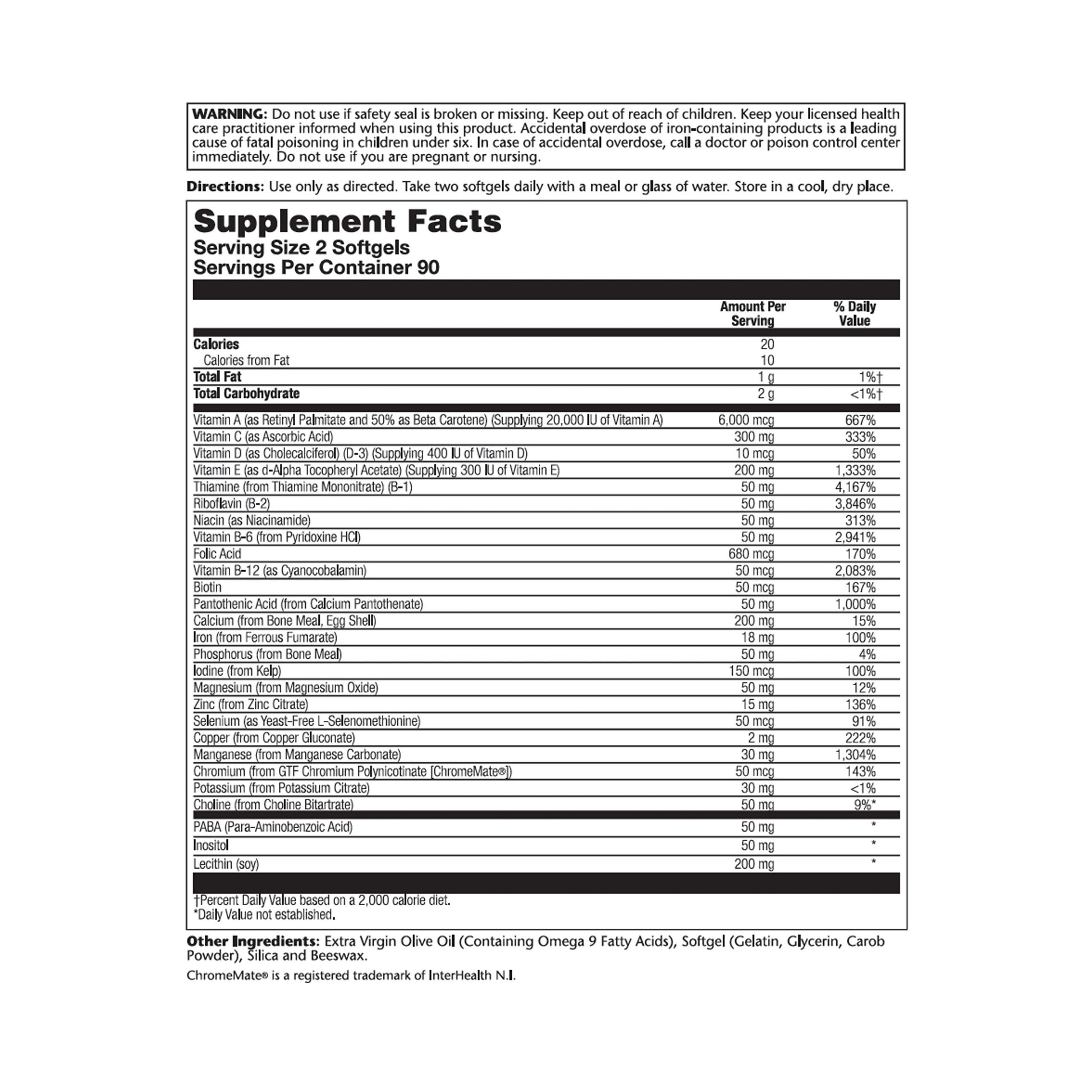 Información nutricional multivitamínico Solaray