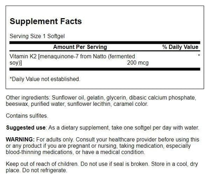 Información nutricional del suplemento Swanson K2