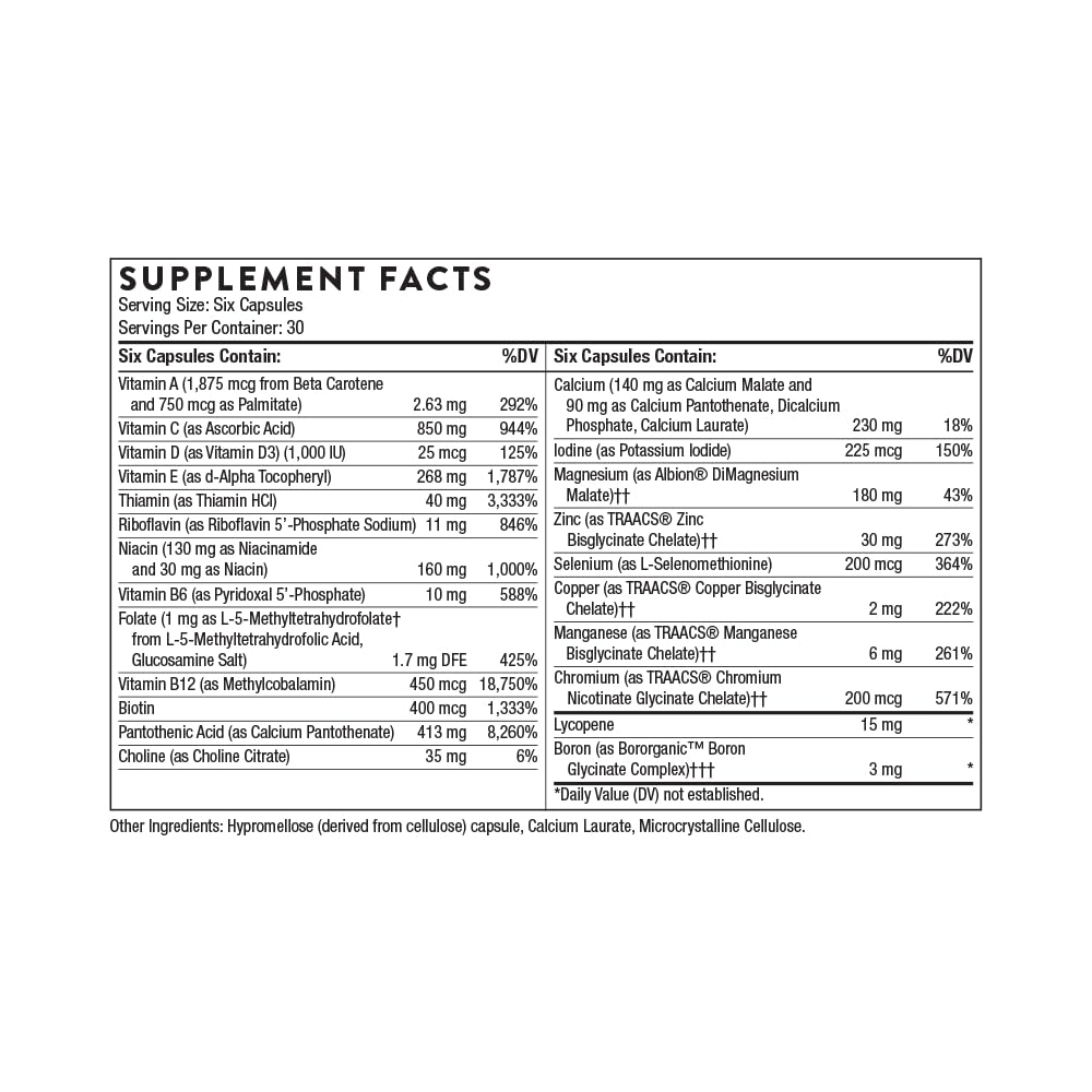 Tabla de información nutricional del multivitamínico THORNE para hombres mayores de 50 años.