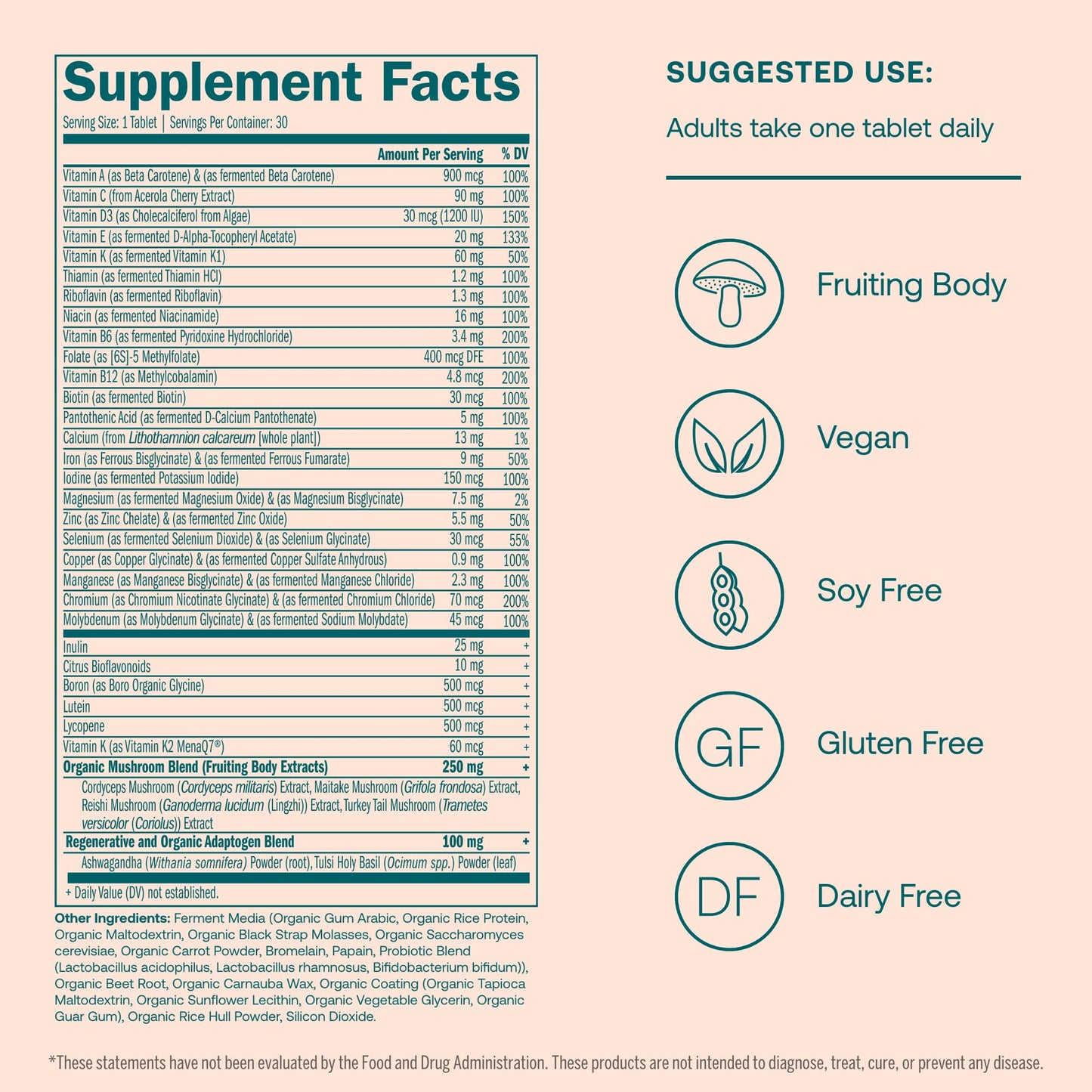 tabla de información nutricional multivitaminas True Grace.