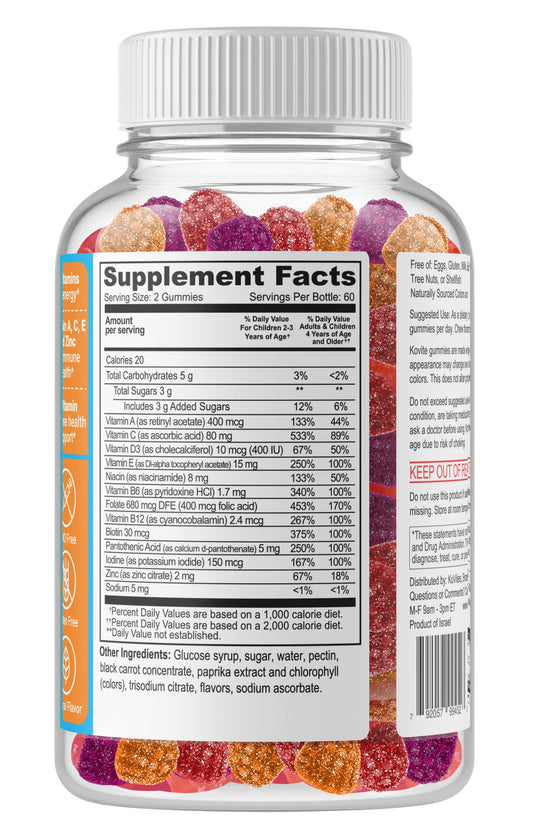 Información nutricional y modo de uso de las gomas multivitaminas Kovite.