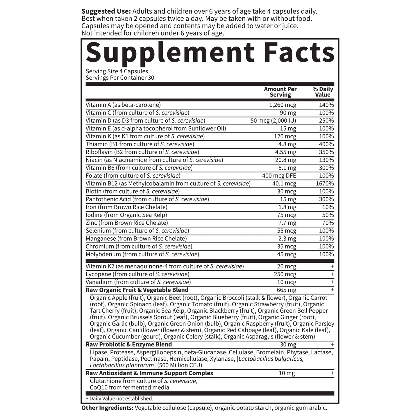 Información nutricional y uso del multivitamínico Garden of Life.
