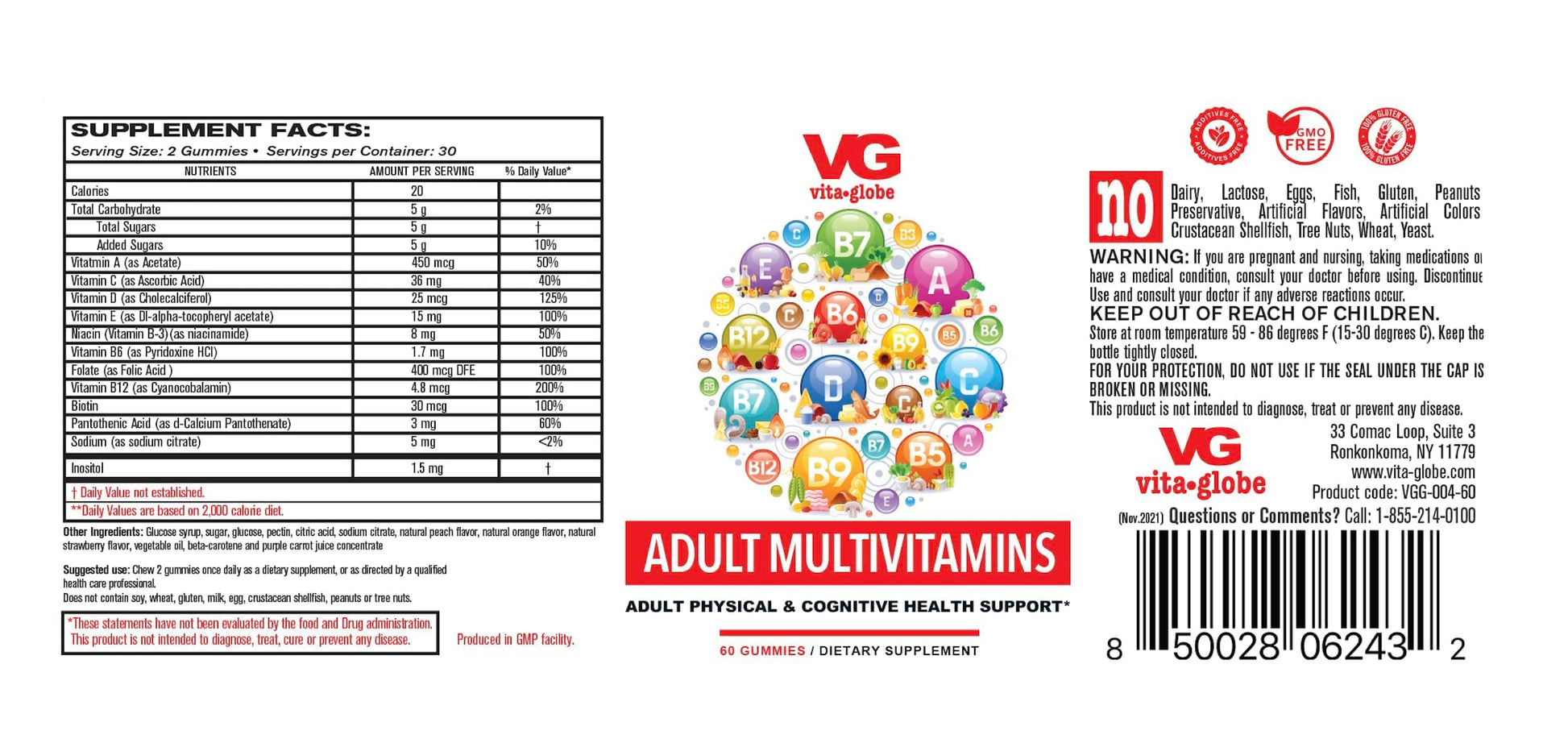 Información nutricional de las gominolas multivitamínicas VITA GLOBE.