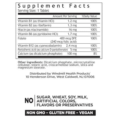 Tabla de información nutricional vitaminas complejo B Windmill