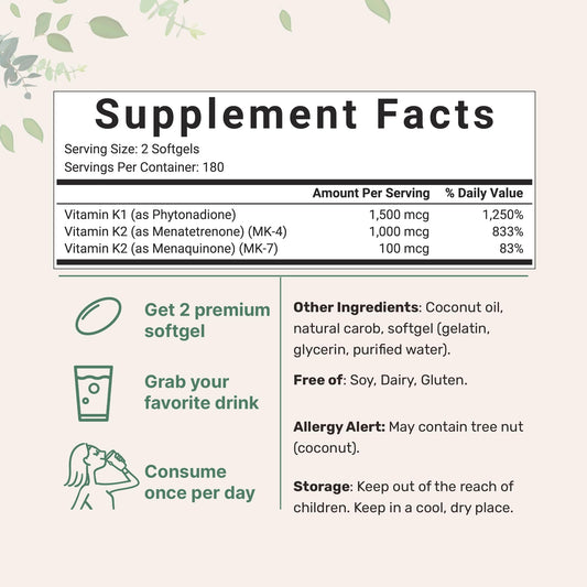 Información nutricional de vitaminas K con aceite de coco.