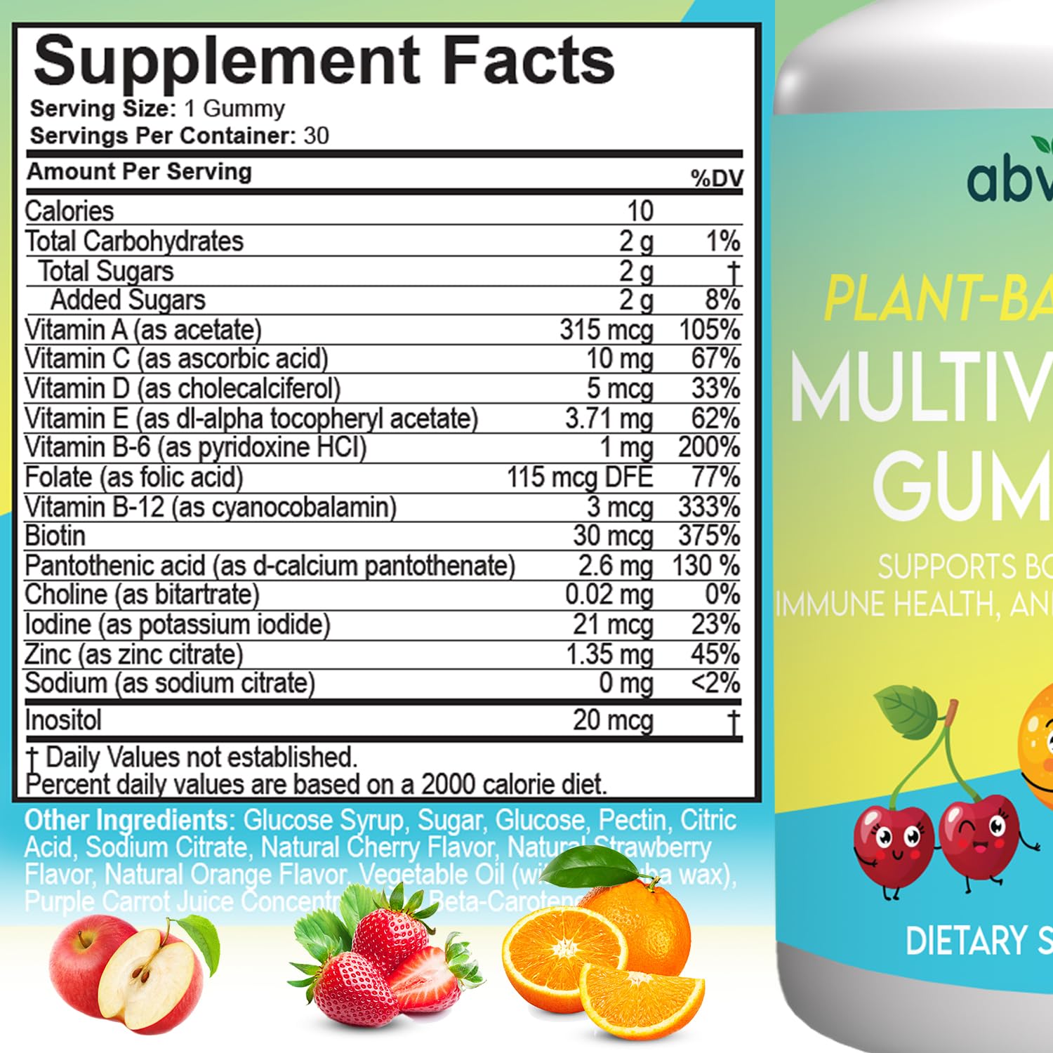 Información de nutrientes en gomitas multivitamínicas veganas.