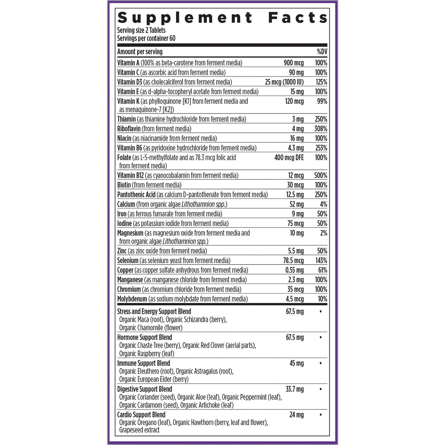 Información detallada de nutrientes, New Chapter multivitamínico.