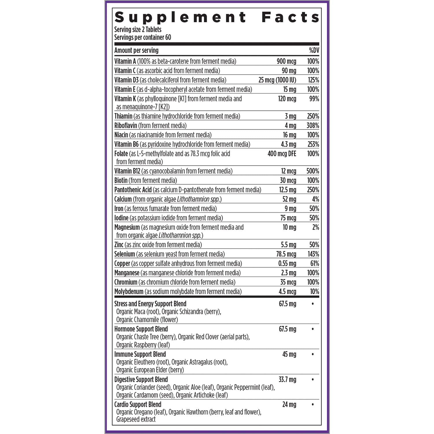 Información detallada de nutrientes, New Chapter multivitamínico.