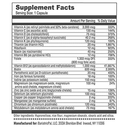 Información nutrimental de las cápsulas BariatricPal