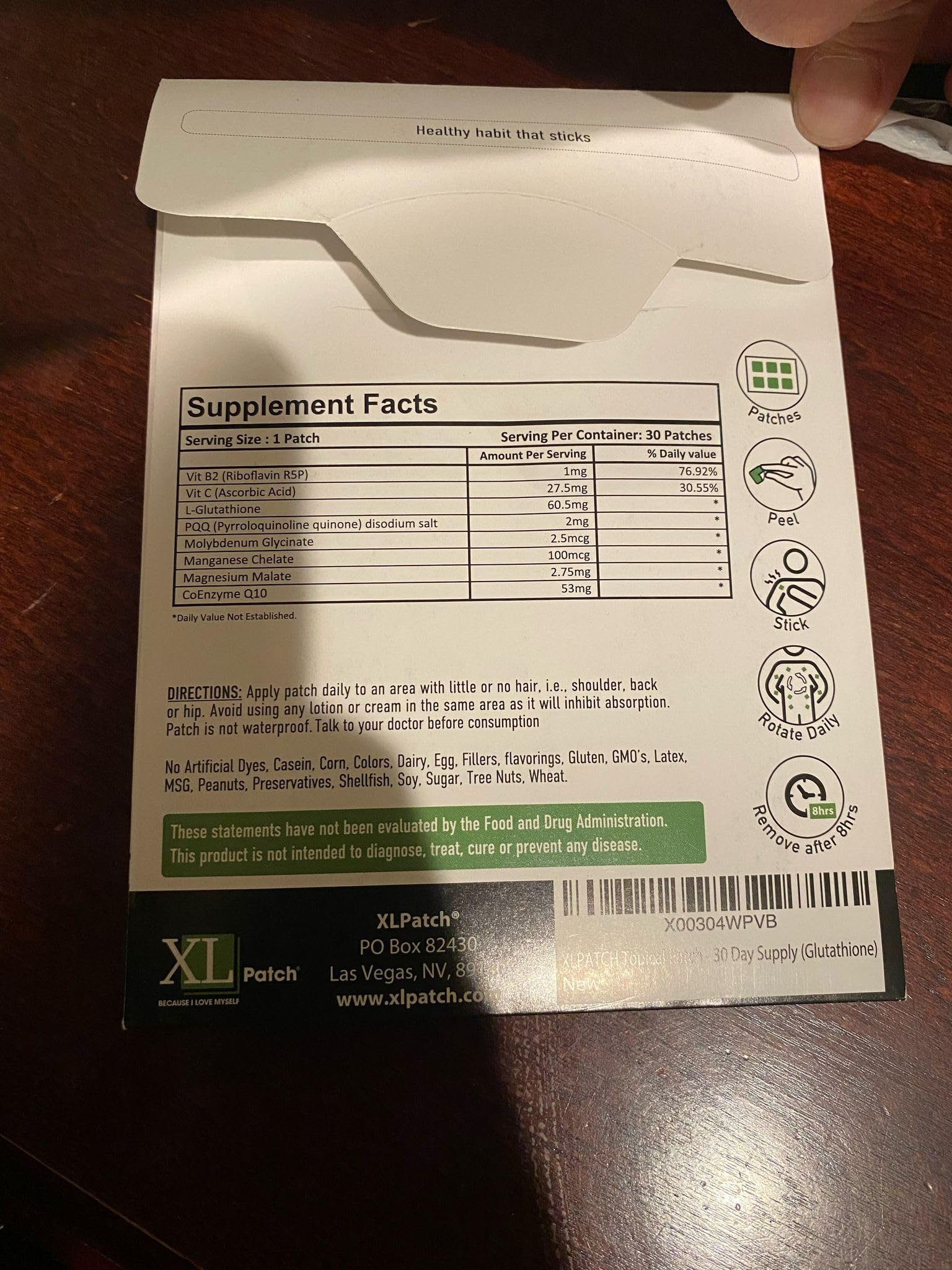 Información nutrimental del parche XLPATCH Glutathione Plus.