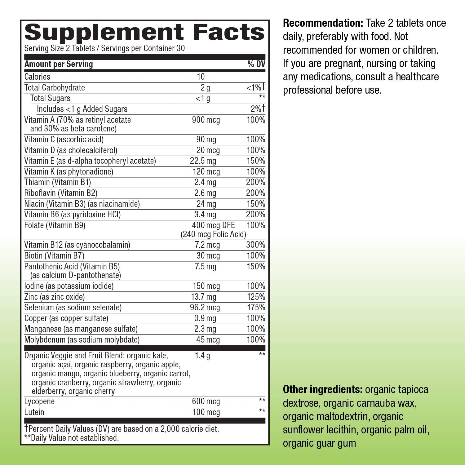 Información suplementaria multivitaminas de 60 tabletas