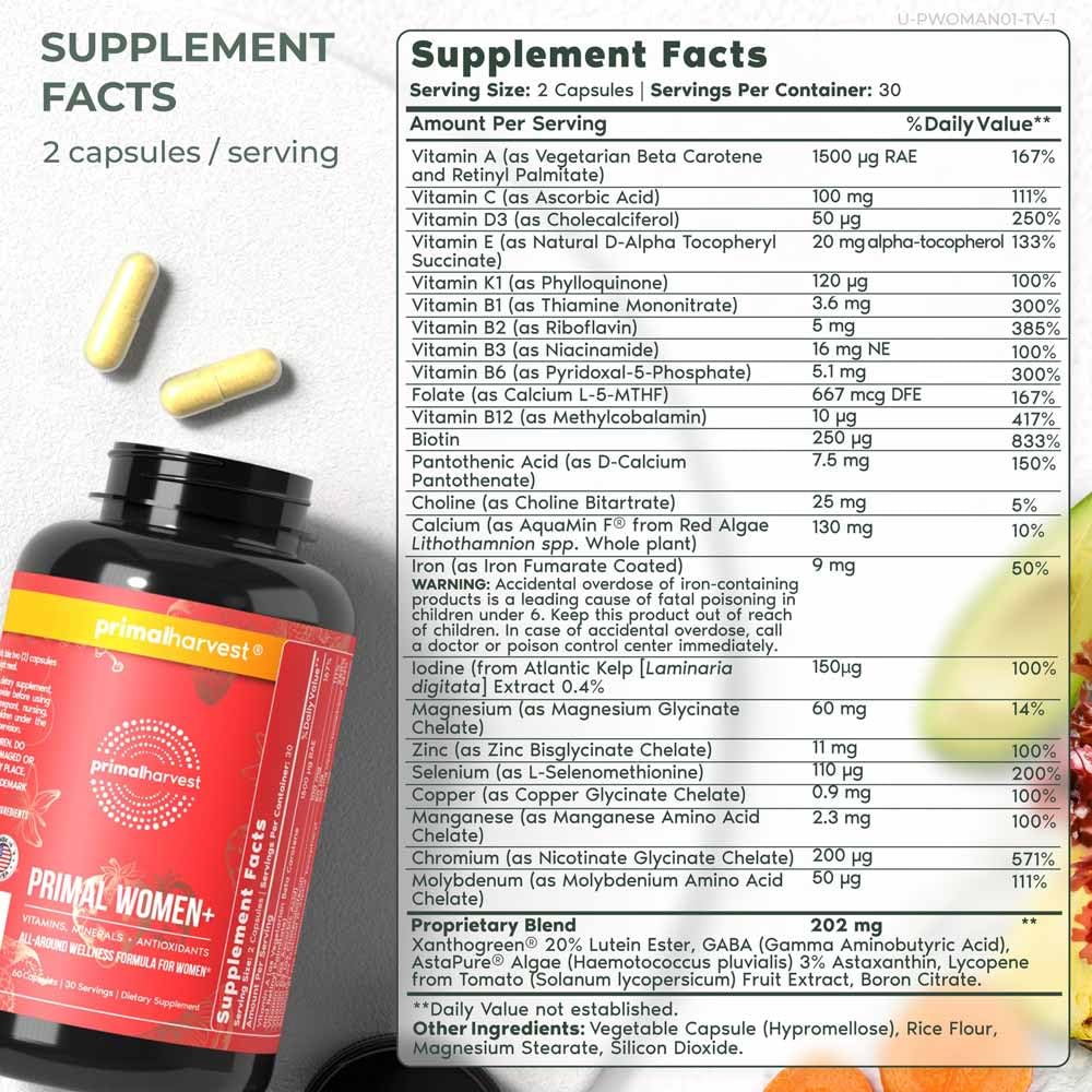 Información suplementaria del multivitamínico Primal Harvest Women+
