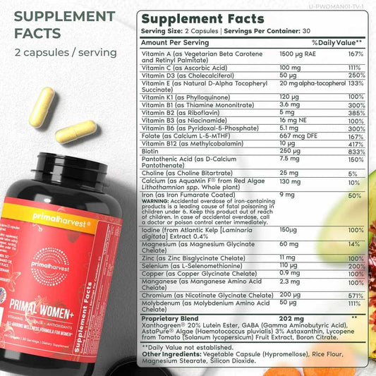 Información suplementaria del multivitamínico Primal Harvest Women+
