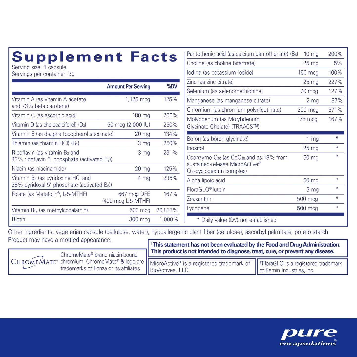 Información suplementaria del multivitamínico Pure Encapsulations