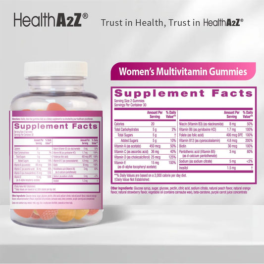 Información de suplemento de gomitas multivitamínicas NutraA2Z