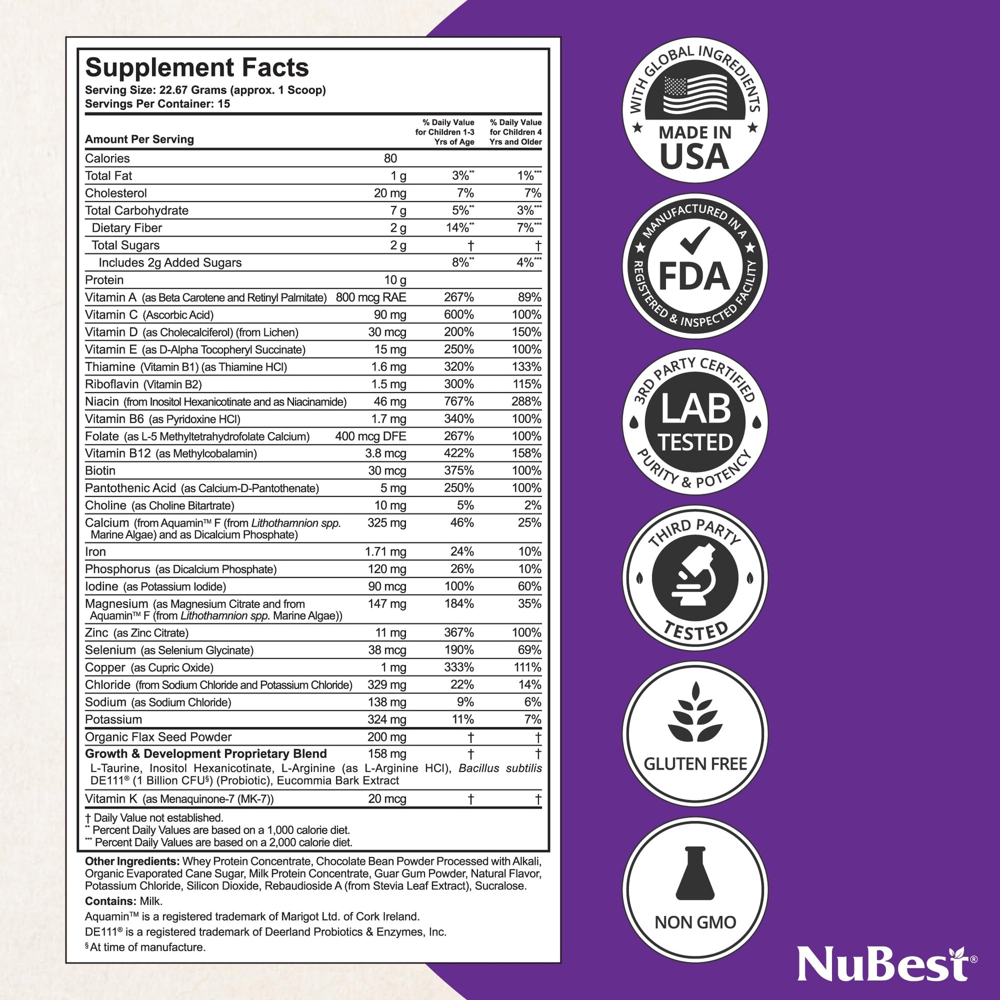 Información de suplementos de NuBest proteína en polvo