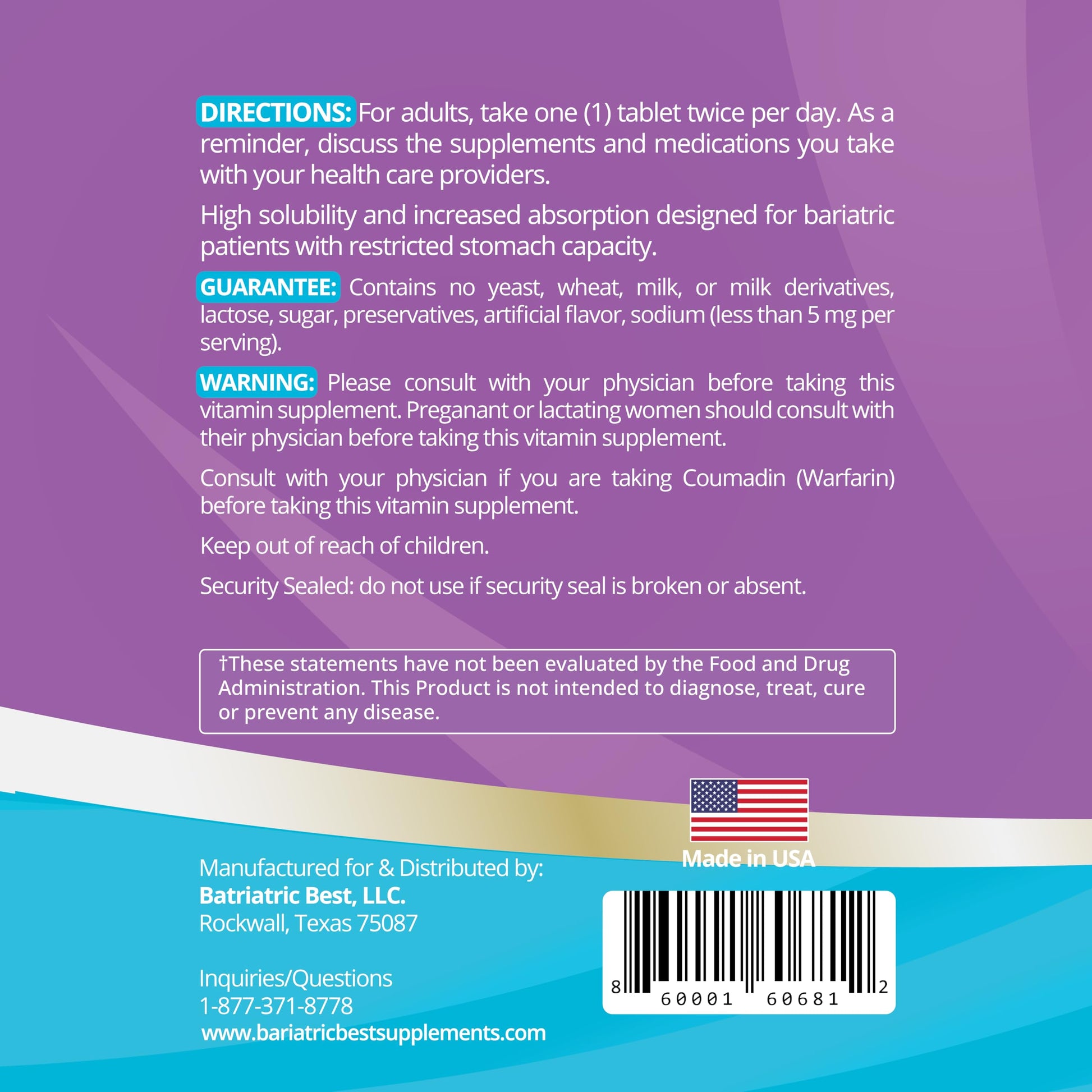 Información sobre las tabletas del multivitamínico bariátrico ADEK
