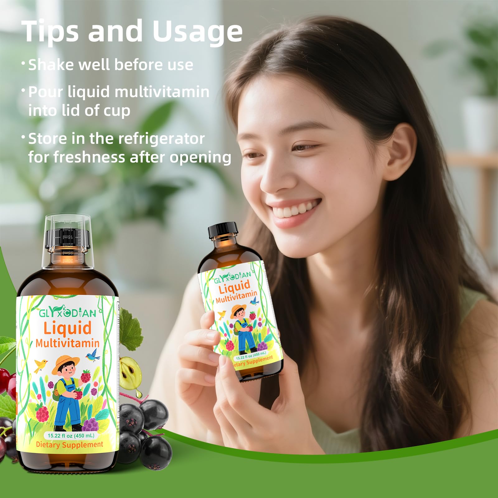 Detalle de ingredientes antioxidantes en multivitaminas líquidas Glyxcodian