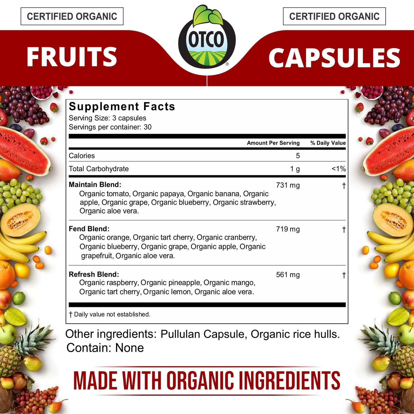 Lista de ingredientes de las cápsulas de frutas orgánicas Vitinity