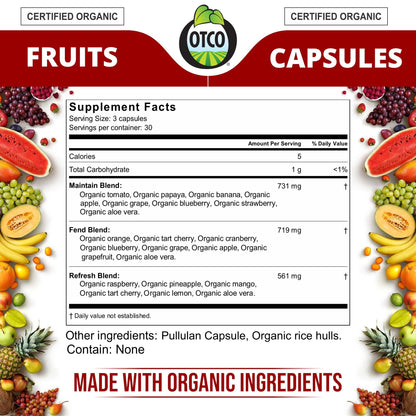 Lista de ingredientes de las cápsulas de frutas orgánicas Vitinity