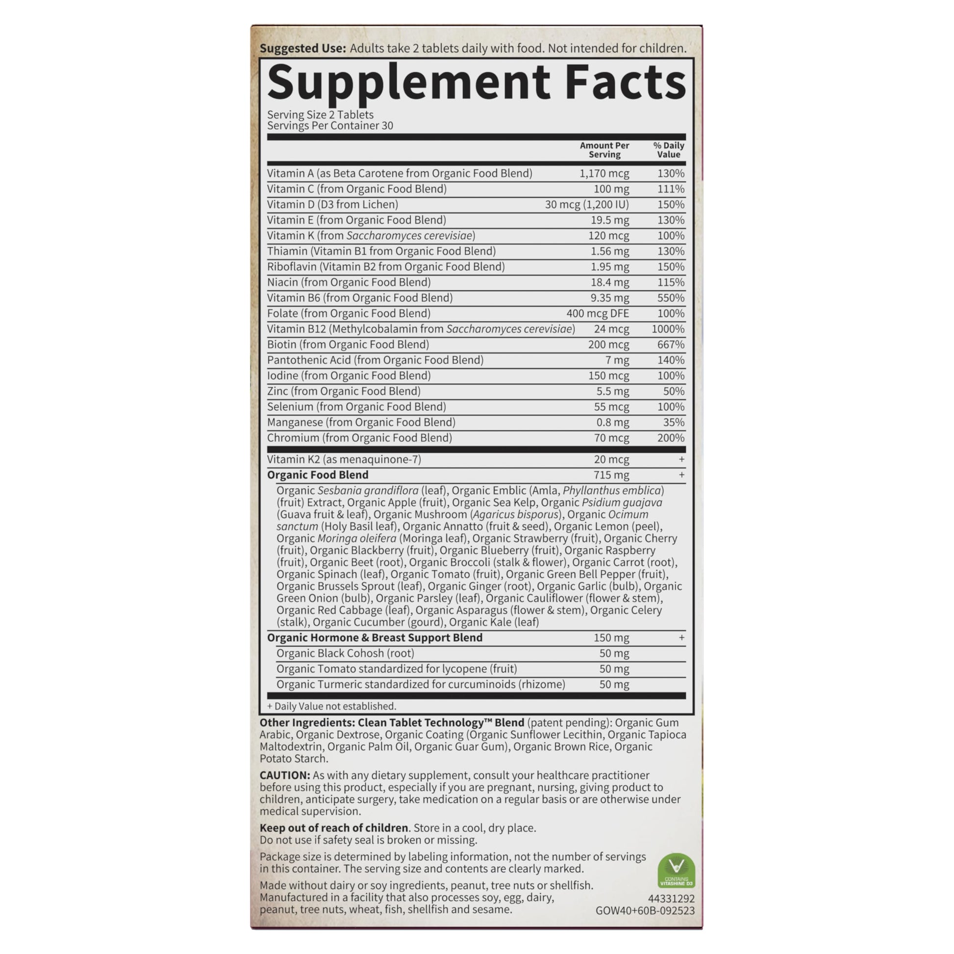 Ingredientes y certificados multivitamínico Garden of Life