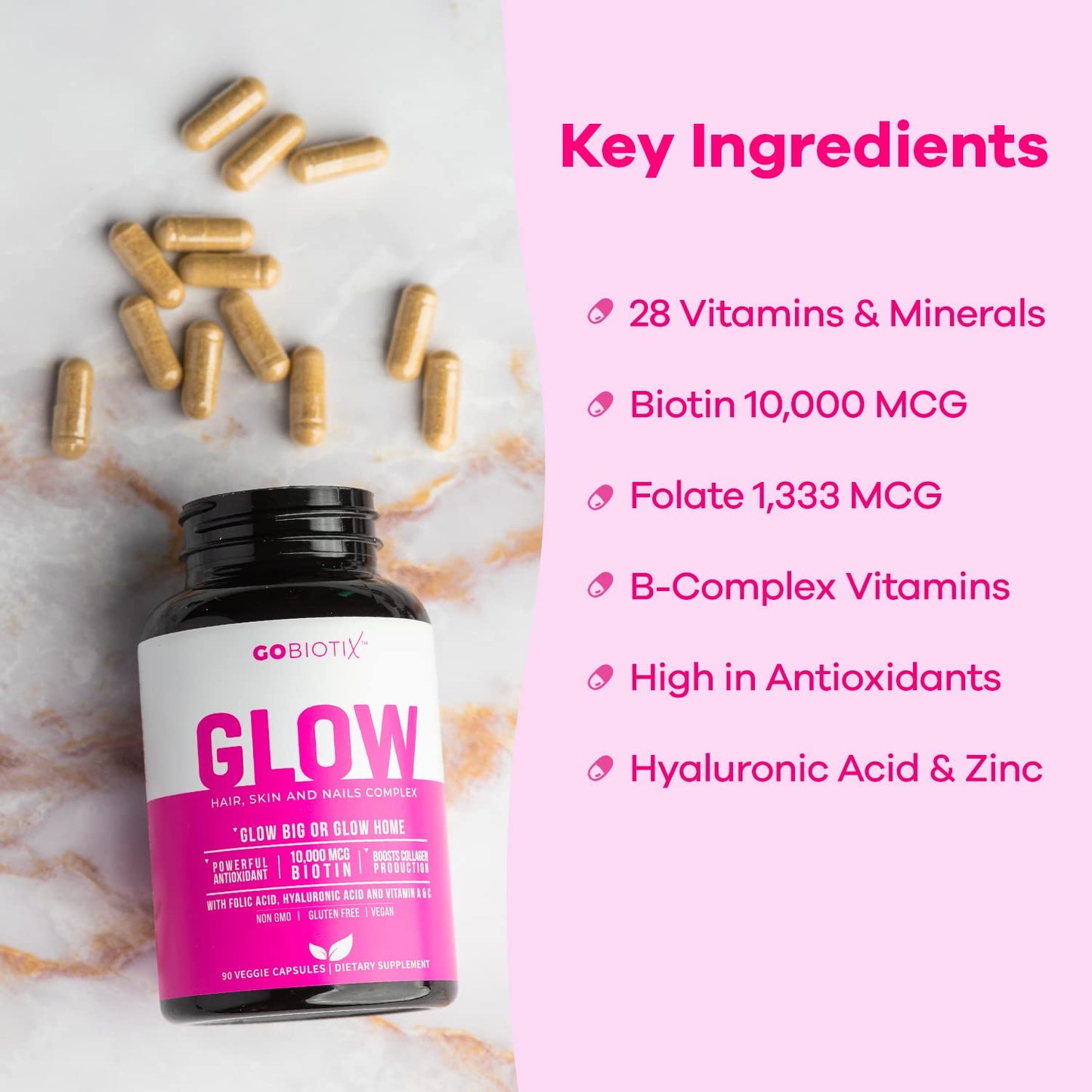 Ingredientes clave del suplemento Glow de GOBIOTIX.