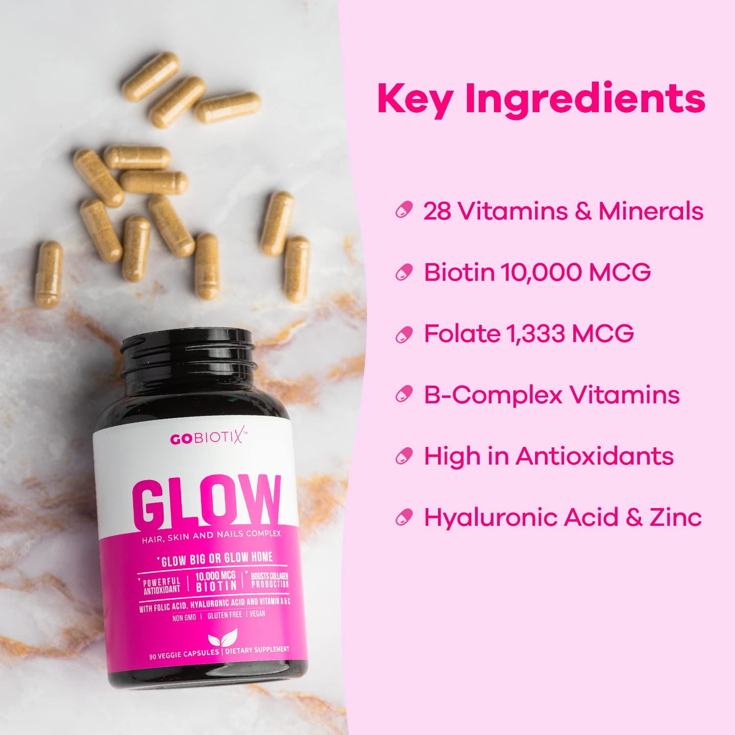 Ingredientes clave del suplemento Glow de GOBIOTIX.