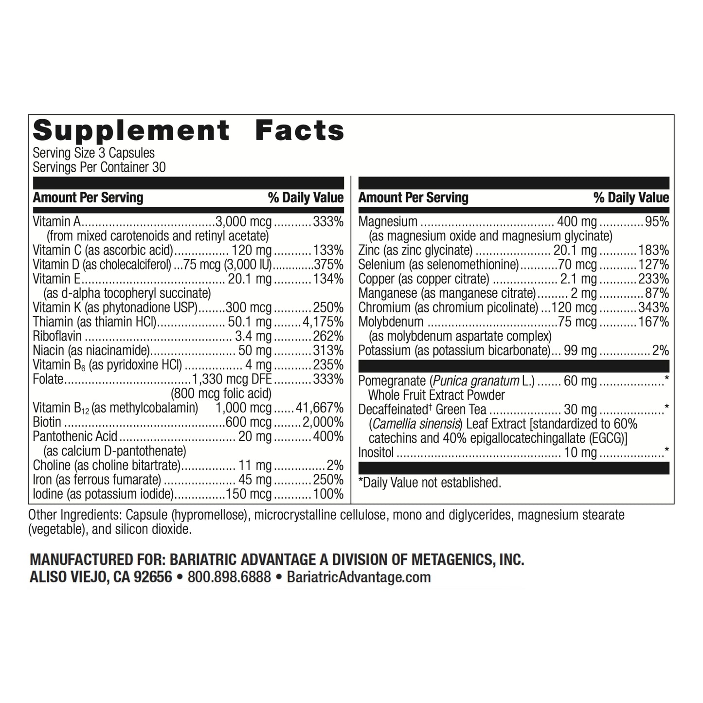 Ingredientes clave en vitaminas y minerales multivitamínico bariátrico