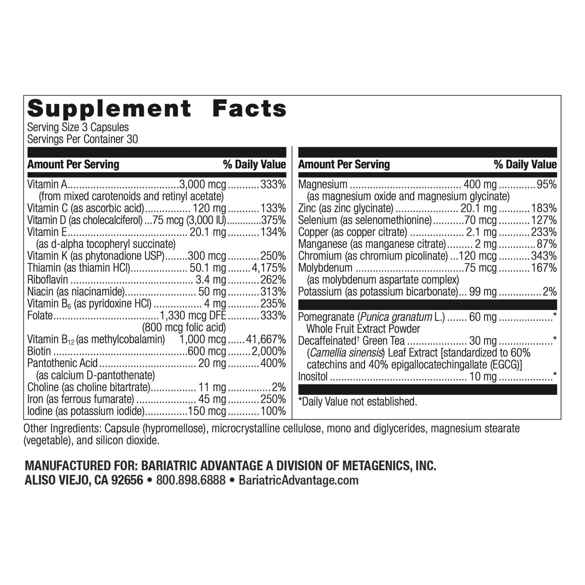 Ingredientes clave en vitaminas y minerales multivitamínico bariátrico