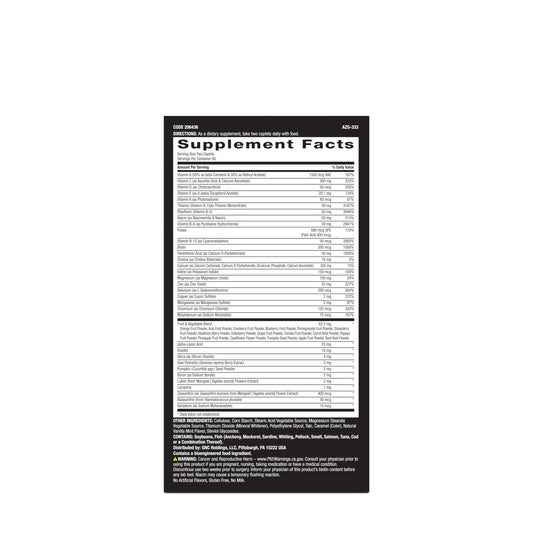 Tabla de ingredientes de GNC Mega Men multivitamínico para hombres