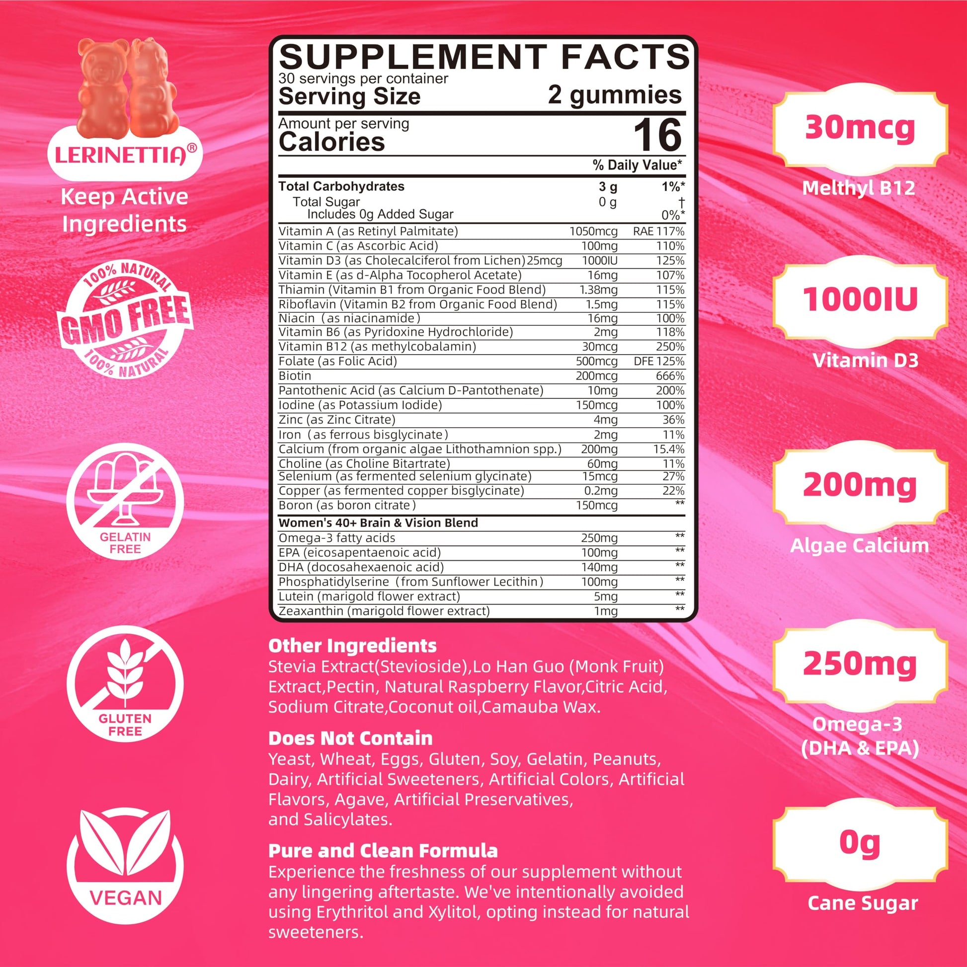 Ingredientes activos en las gomitas multivitamínicas para mujeres mayores de 40 años.