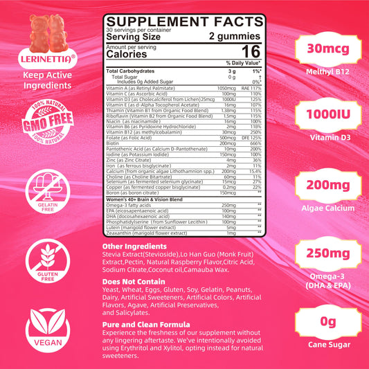 Ingredientes activos en las gomitas multivitamínicas para mujeres mayores de 40 años.
