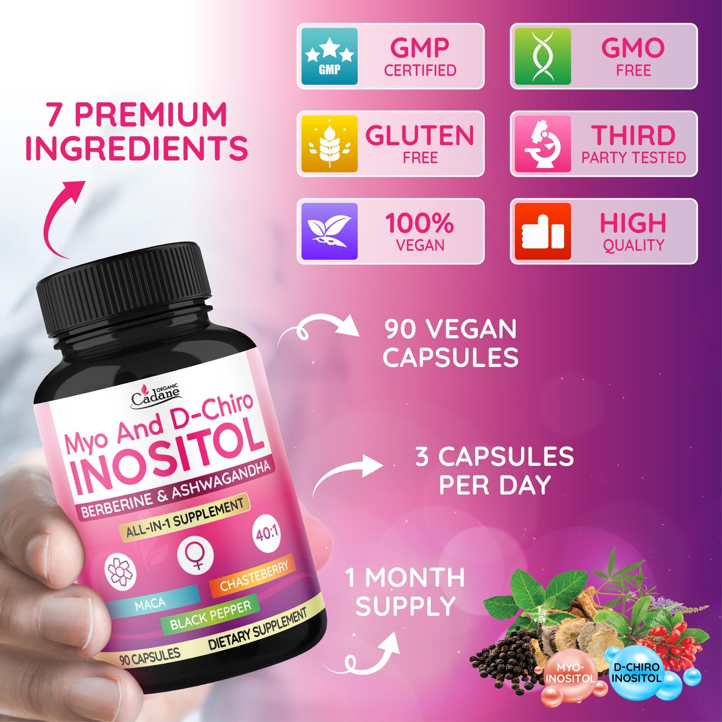Ingredientes herbales Ashwagandha y Maca en suplemento Cadane