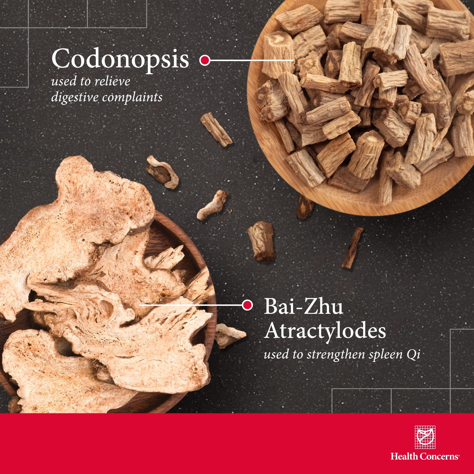 Ingredientes herbales del suplemento Shen Ling en bols y tazones