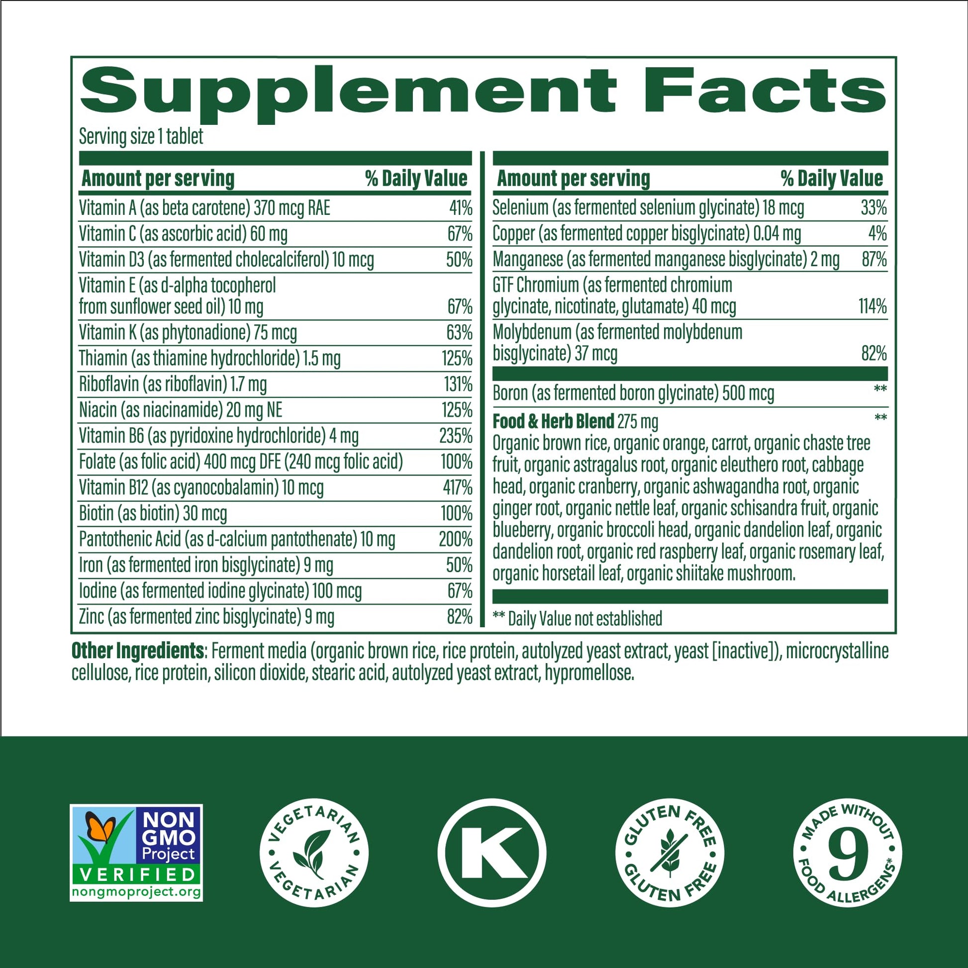 tabla de ingredientes de megafood multivitaminas para mujeres