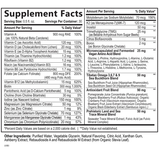 Ingredientes de la multivitamina líquida sin OGM y sin gluten