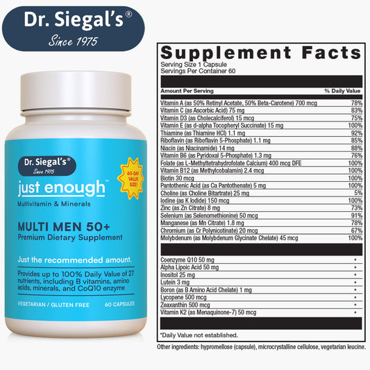 Etiqueta de ingredientes multivitaminas Dr. Siegal's para hombres 50+