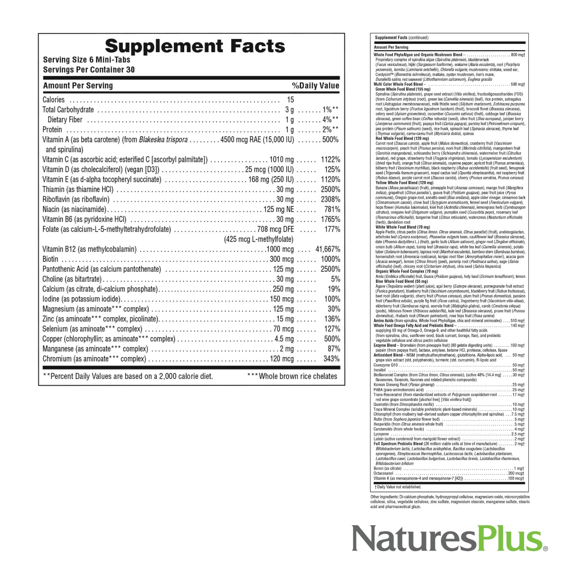 Ingredientes de multivitaminas Natures Plus