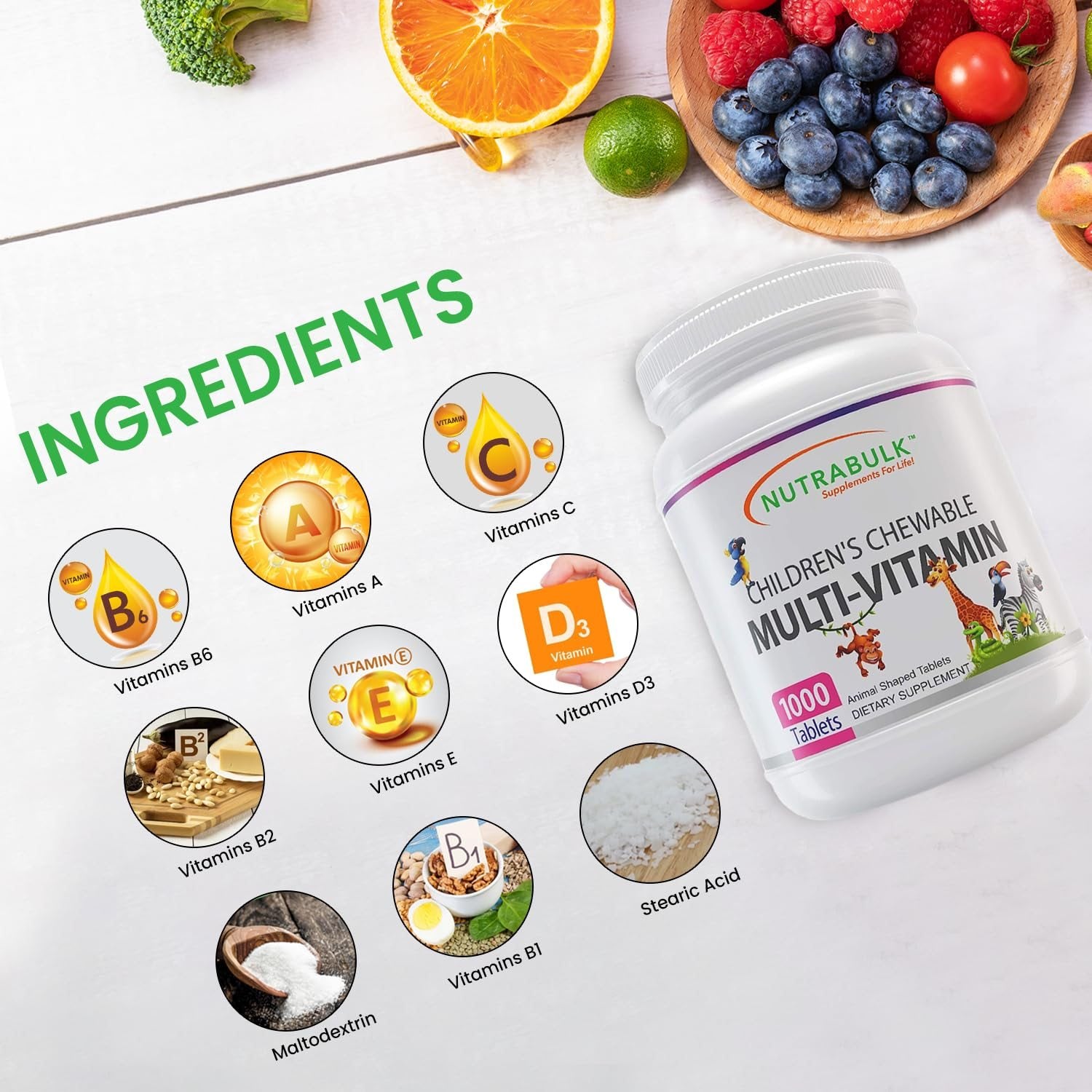 Ingredientes de multivitaminas NutraBulk en imagen.