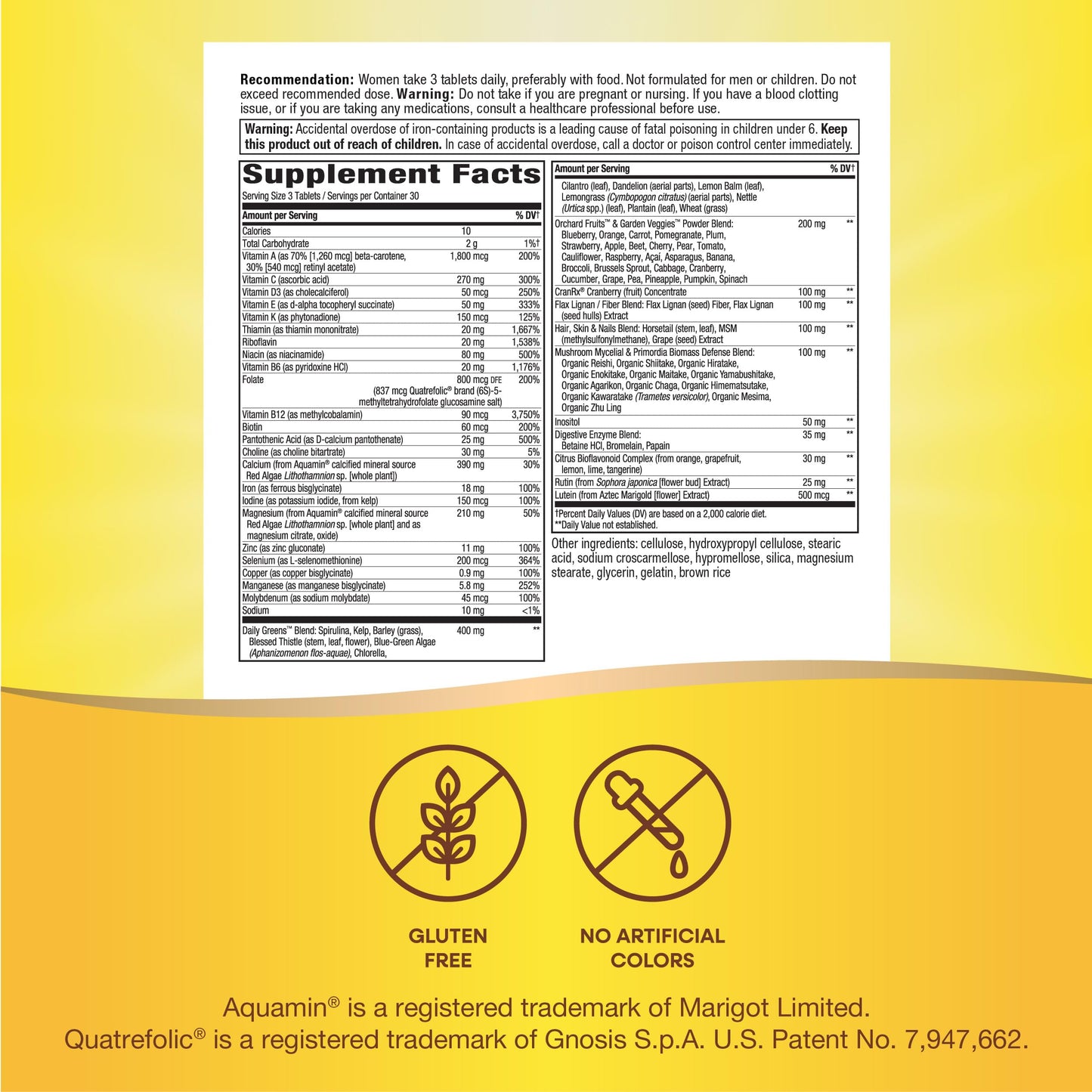 Ingredientes del multivitamínico Nature's Way Alive! para mujeres