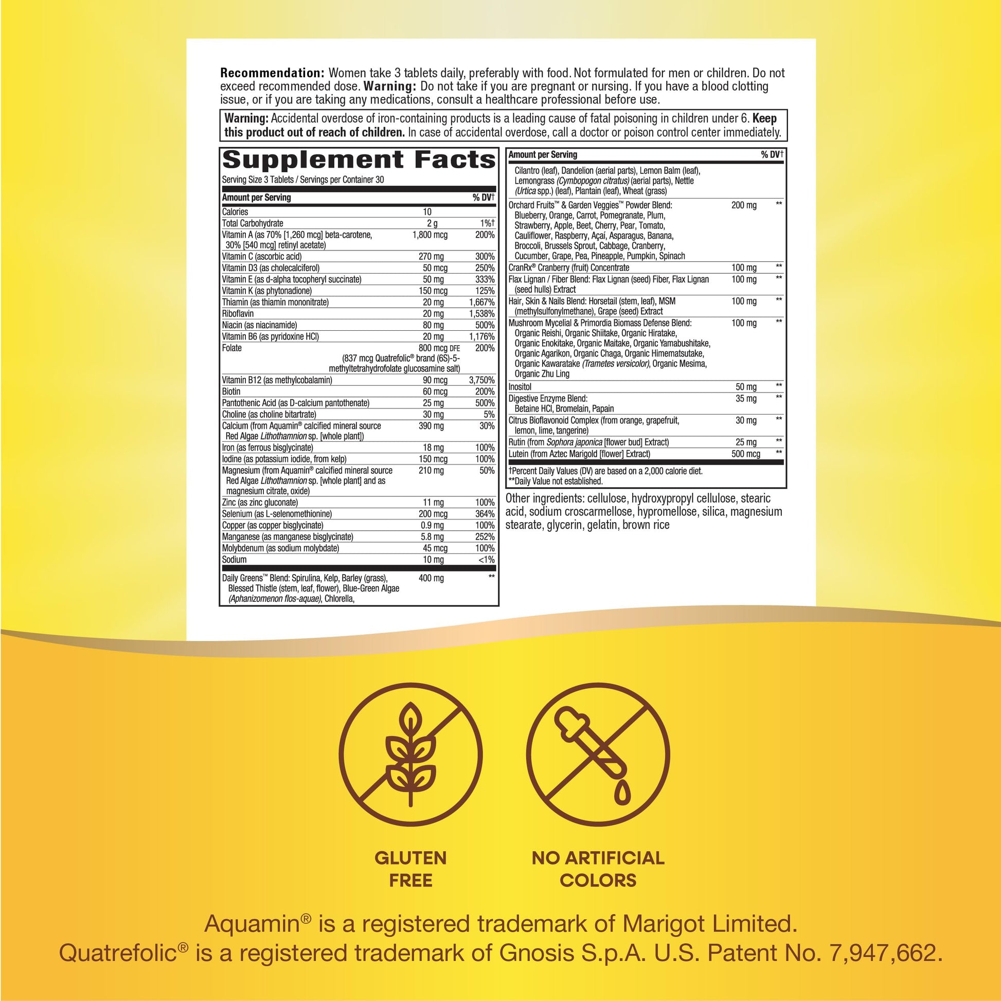 Ingredientes del multivitamínico Nature's Way Alive! para mujeres