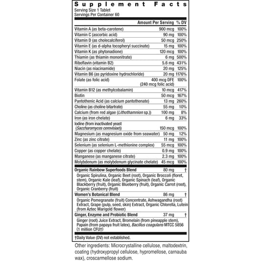 Ingredientes y tabla nutricional del multivitamínico para mujeres