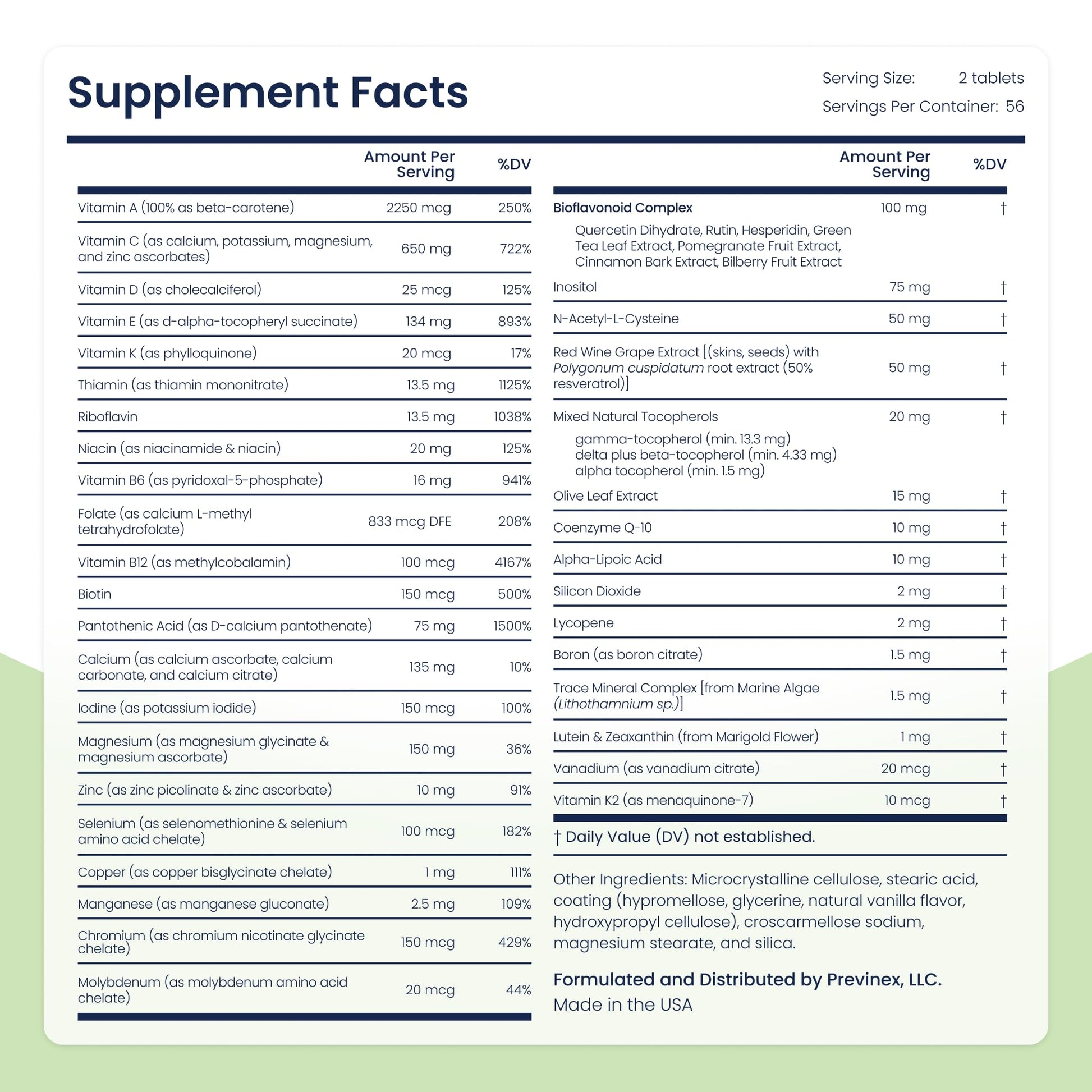 Ingredientes multivitamínico Previnex, vitaminas y minerales