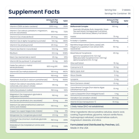 Ingredientes multivitamínico Previnex, vitaminas y minerales