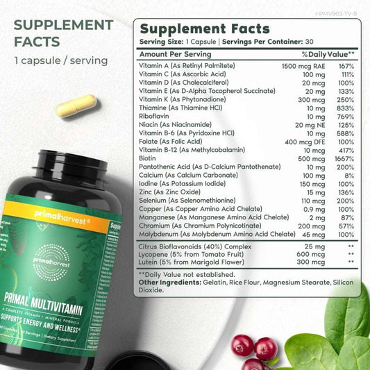 Tabla de ingredientes del multivitamínico Primal Harvest