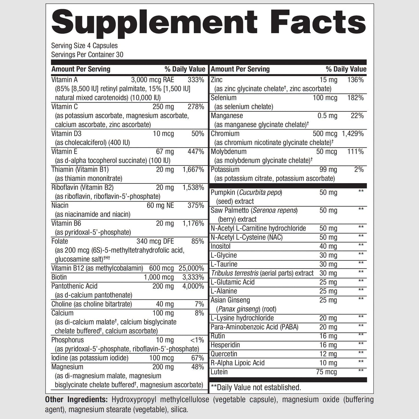 Tabla de ingredientes del multivitamínico PureFormulas.