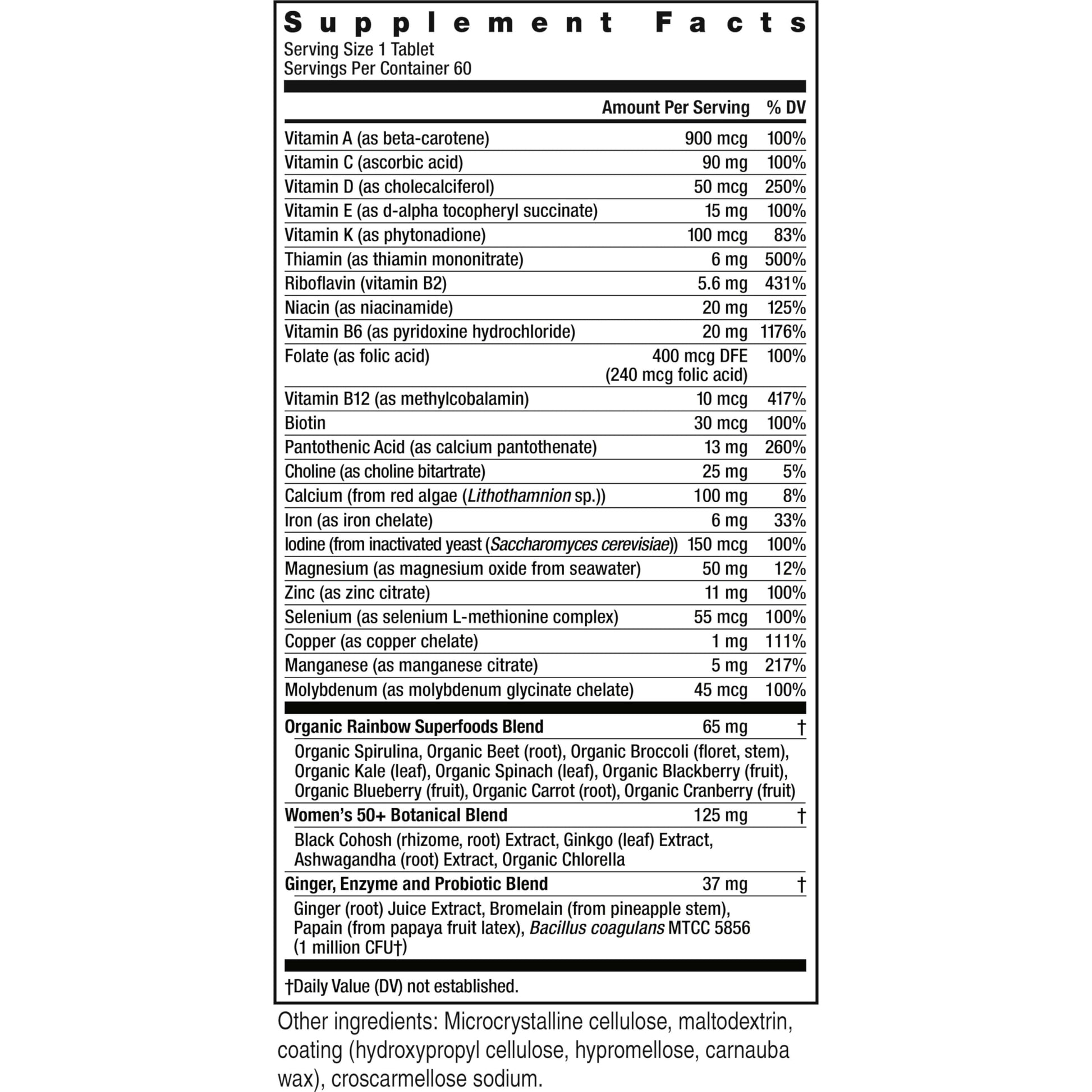 Etiqueta con ingredientes del multivitamínico para mujeres 50+